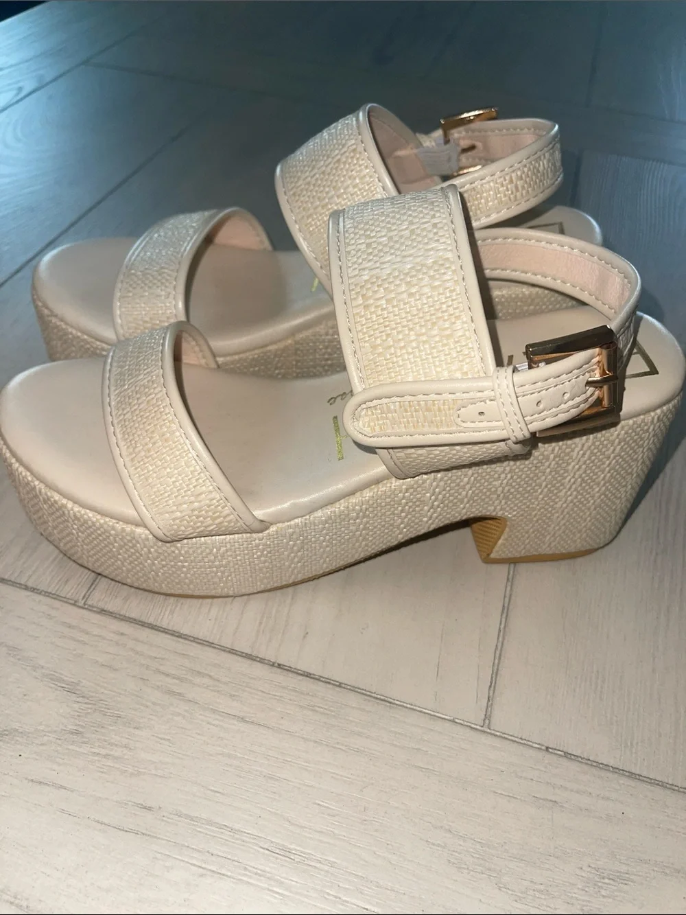 Matisse Cream Woven Platform Sandals with Gold Buckle